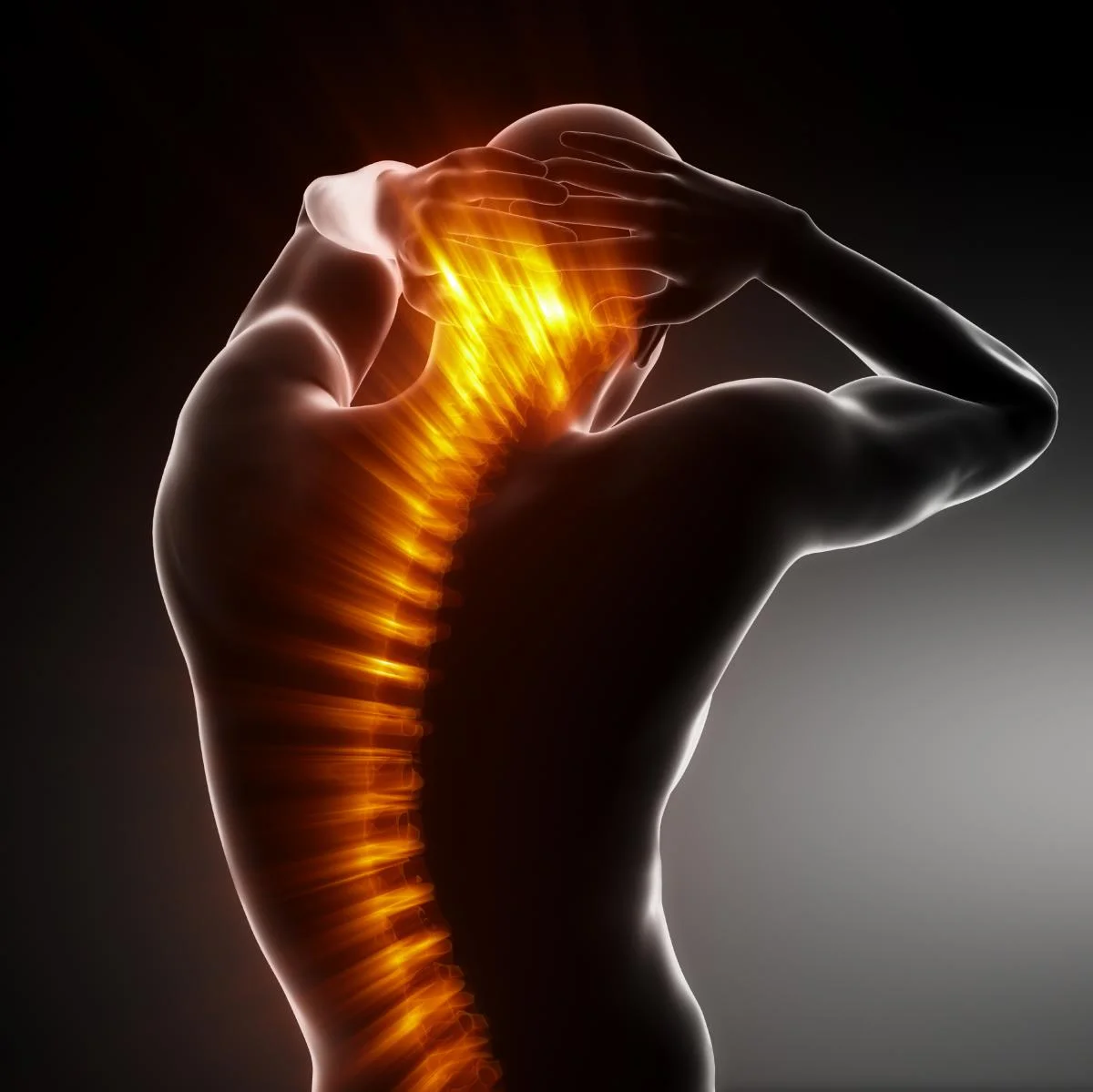 A stylized illustration of a person suffering from upper back pain.