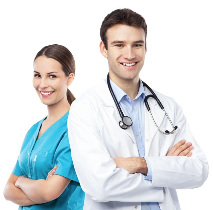 A male and female doctor standing and smiling.